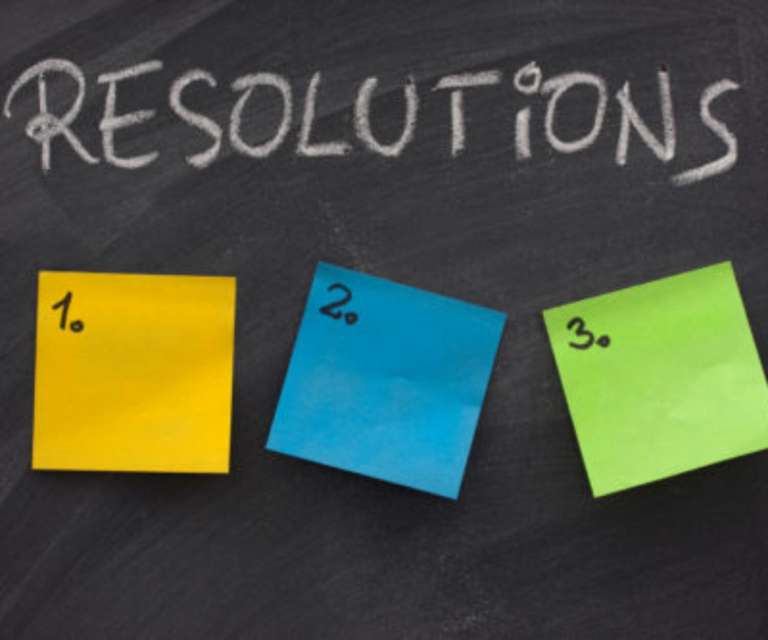 list of resolutions on blackboard with three blank, numbered sticky notes