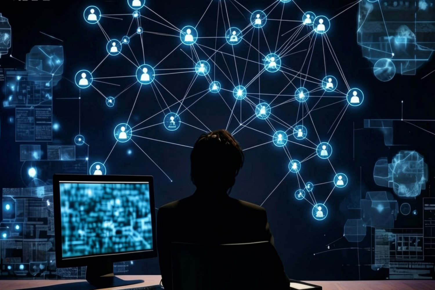 Person viewing a digital network representing buyer journey account signals and connected customer interactions