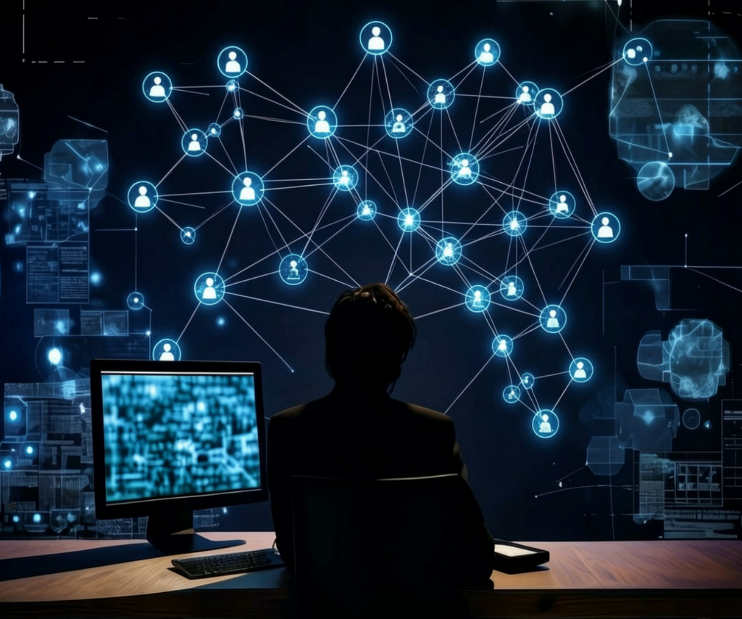 Person viewing a digital network representing buyer journey account signals and connected customer interactions